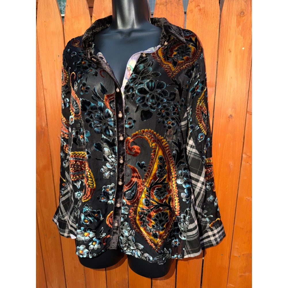 Aratta Silent Journey Mixed Media Burnout Velvet Paisley Plaid Boho Shirt Blouse